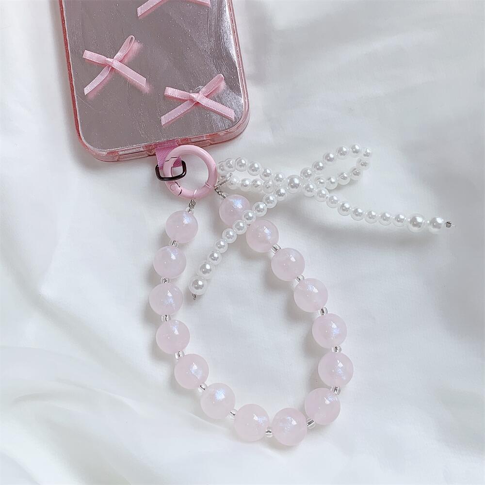 Pink Beaded Bow Keychain Mobile Phone Chain Earphone Bag Anti-Lost Rope Car Keychain Girls Fashion Backpack Pendant Accessories