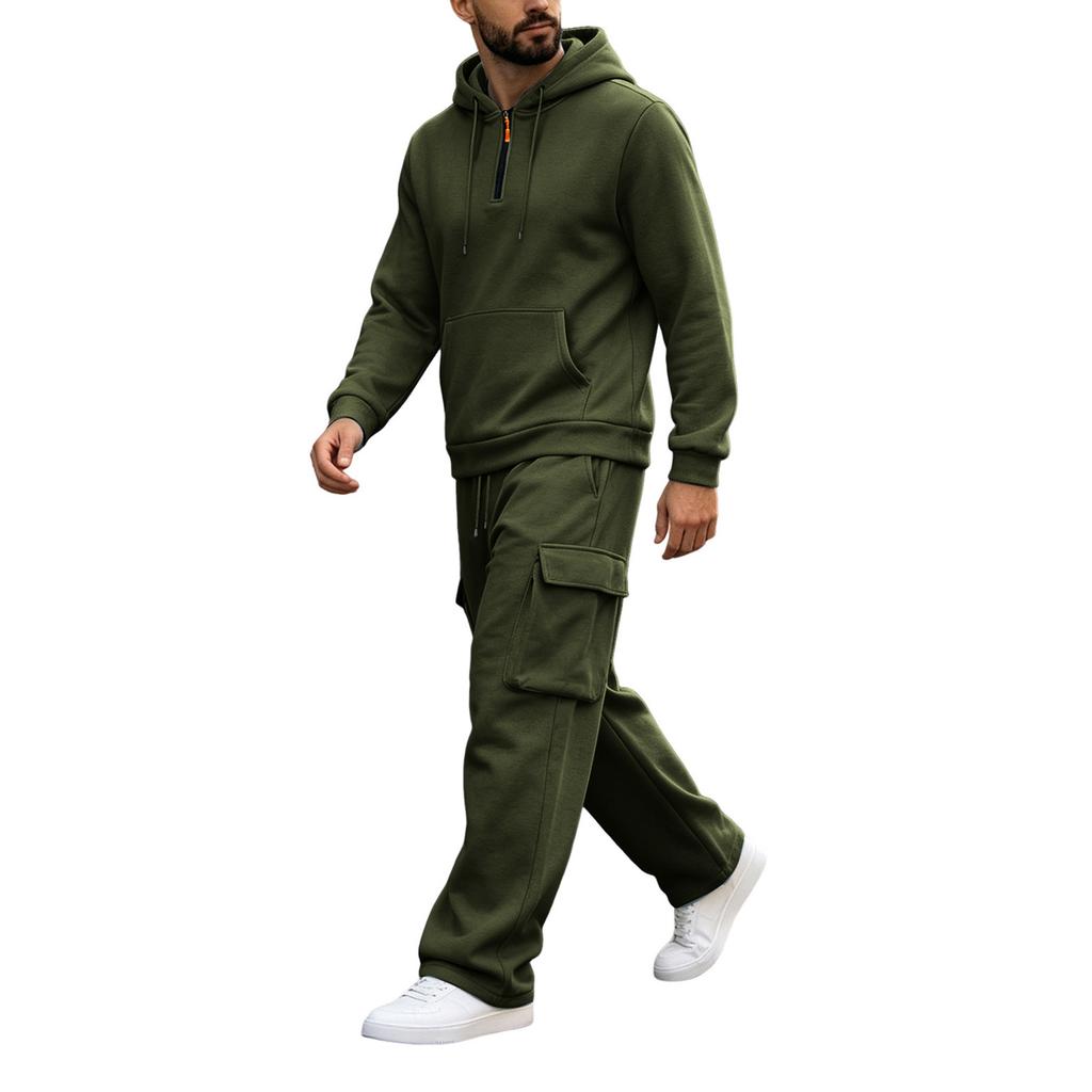 Men's Warm Lined Hooded Sweatshirt and Wide Leg Cargo Pants Set, Relaxed Fit Casual Outdoor Activewear