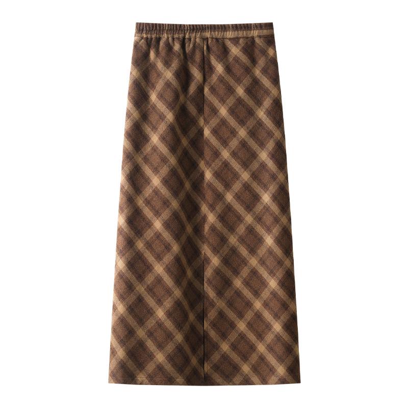 Gray Plaid Woolen Midi Skirt, Autumn/Winter 2024, Women's High Waist Slimming Bodycon.