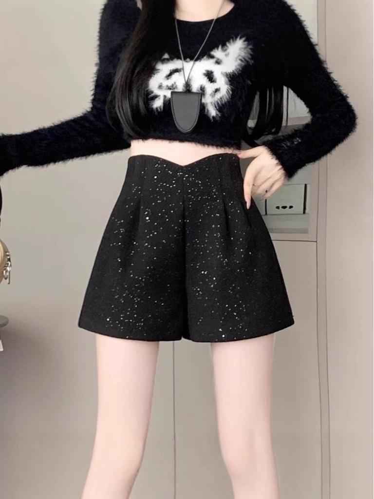 Women's Gray High-Waist Woolen Wide-Leg Pants: 2024 Autumn/Winter Slimming A-Line Shorts