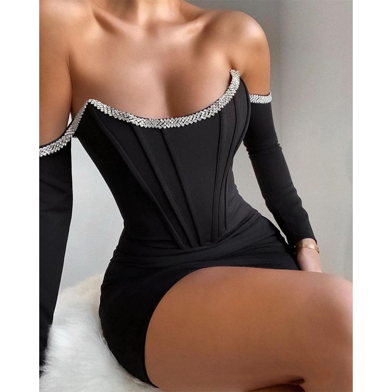 

Женское сексуальное облегающее платье с открытыми плечами, европейский и американский новый облегающий топ с открытыми плечами и цепочкой Black(Upgrade Silk) 2XL