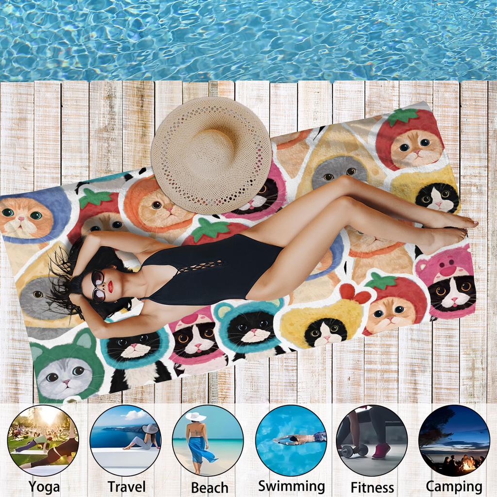 1 Piece Cute Cartoon Cat Printed Bath Towel Quick Drying Beach Towel, Lightweight Swimming Bath, Outdoor Travel Machine Washable