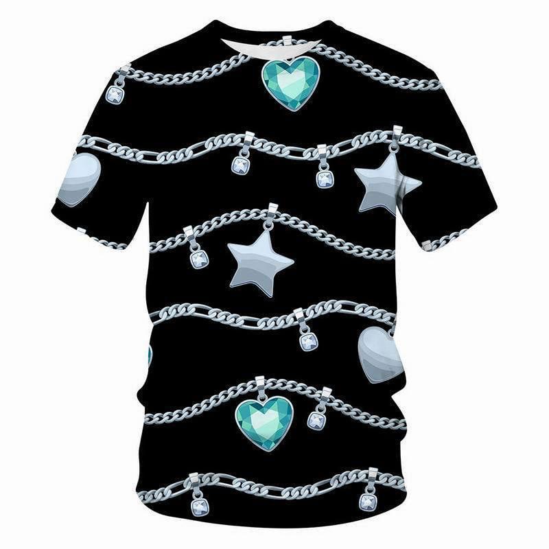 Crystal Necklace Pattern T-shirt Leopard Jewelry 3D Printing T Shirt Round Neck Short Sleeves Summer For Men Street Fashion Tee