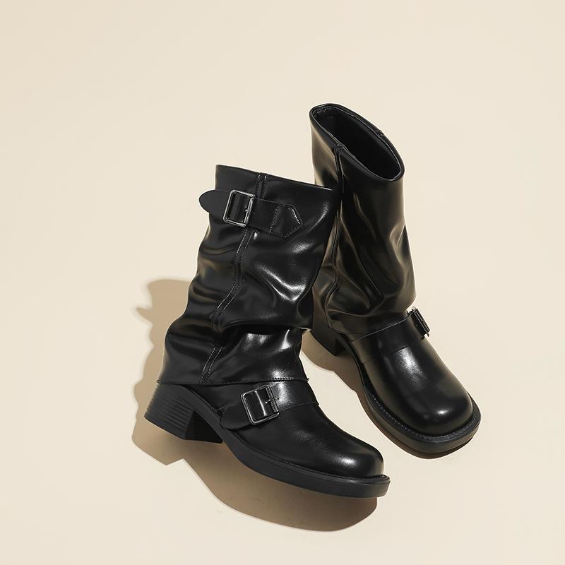 Spot Version~ Retro Style Round Head Sleeve Trouser Tube Boots Women's Belt Buckle Pleated Stack Boots Thick-soled Medium Tube Martin Boots