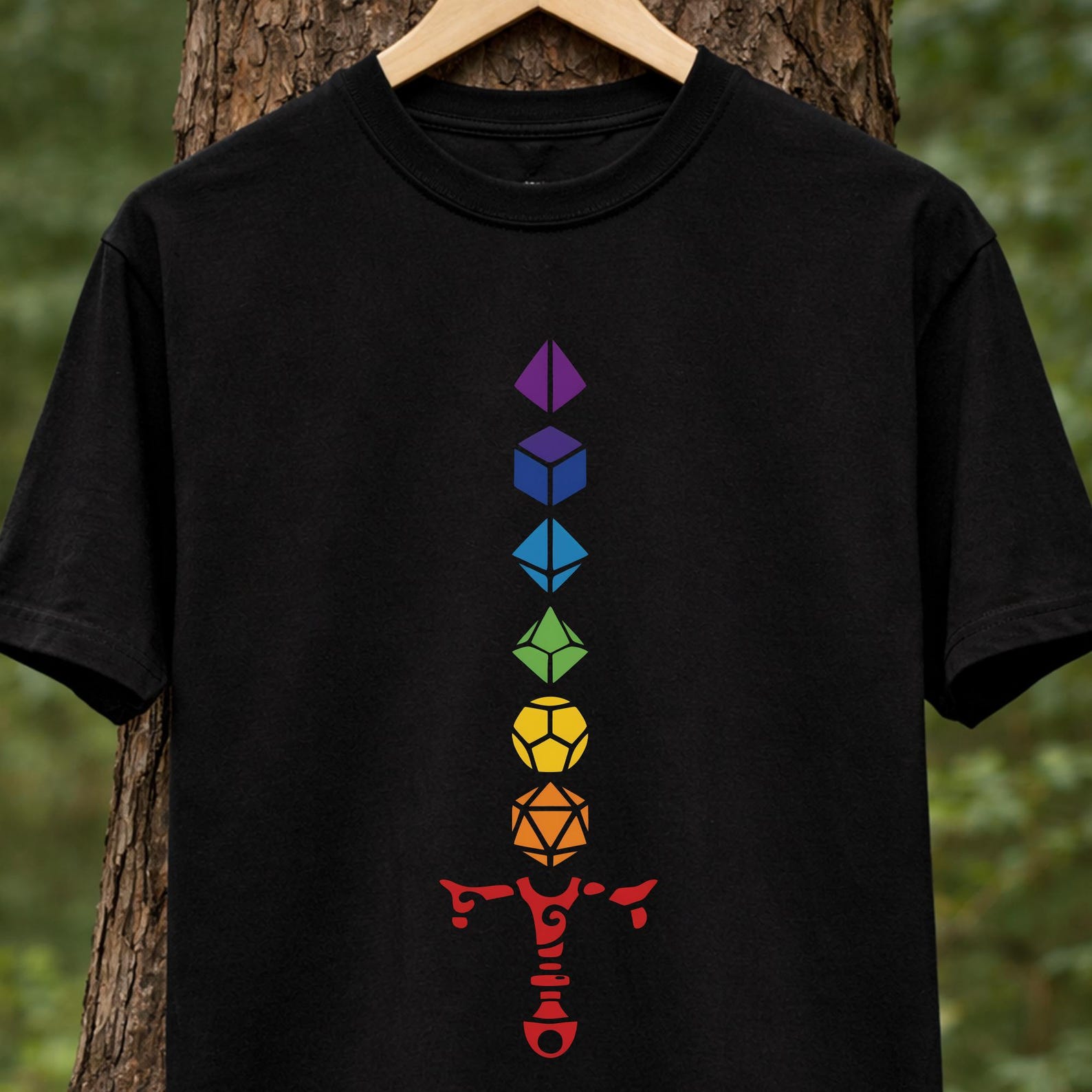 Rainbow Polyhedral Dice Shirt, Tabletop Gamer Gift, RPG Dice Graphic Tee, Nerd Geek Top M
