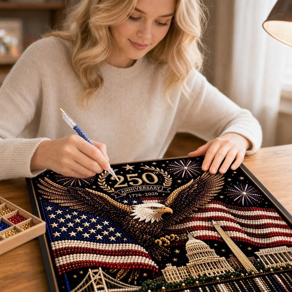 250th Anniversary Pearl Art Kit Featuring American Eagle and Landmark Design Includes Beads Tools and Frame for Crafting Wall Decor