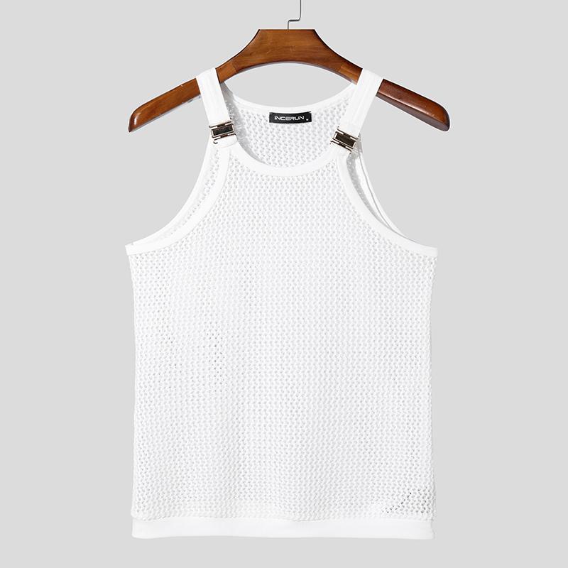 INCERUN Vară Bărbați Curea Fără Mâneci Decupat Plasă Transparentă Tricouri Tank de Plajă