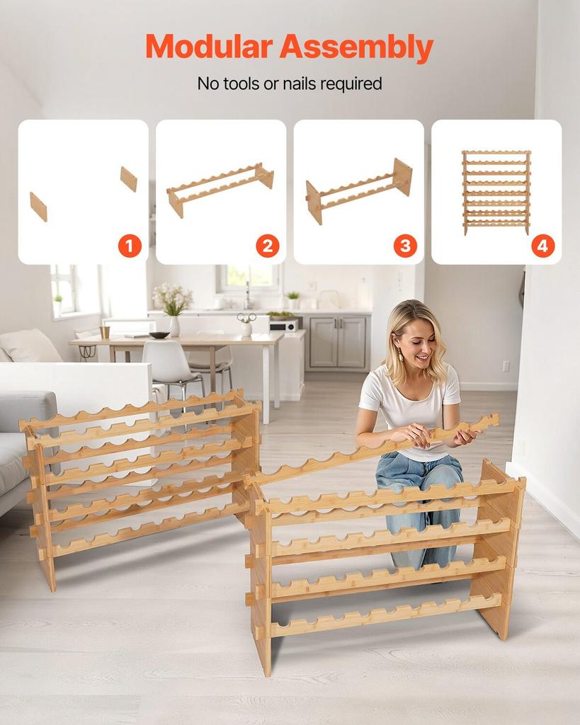 Rack de Vinhos Modular Empilhável para 72 Garrafas, 8 Níveis, Rack de Armazenamento de Vinhos de Chão Autoportante, Prateleira de Exibição de Vinhos Resistente, Prateleiras Sem Oscilação, Fácil