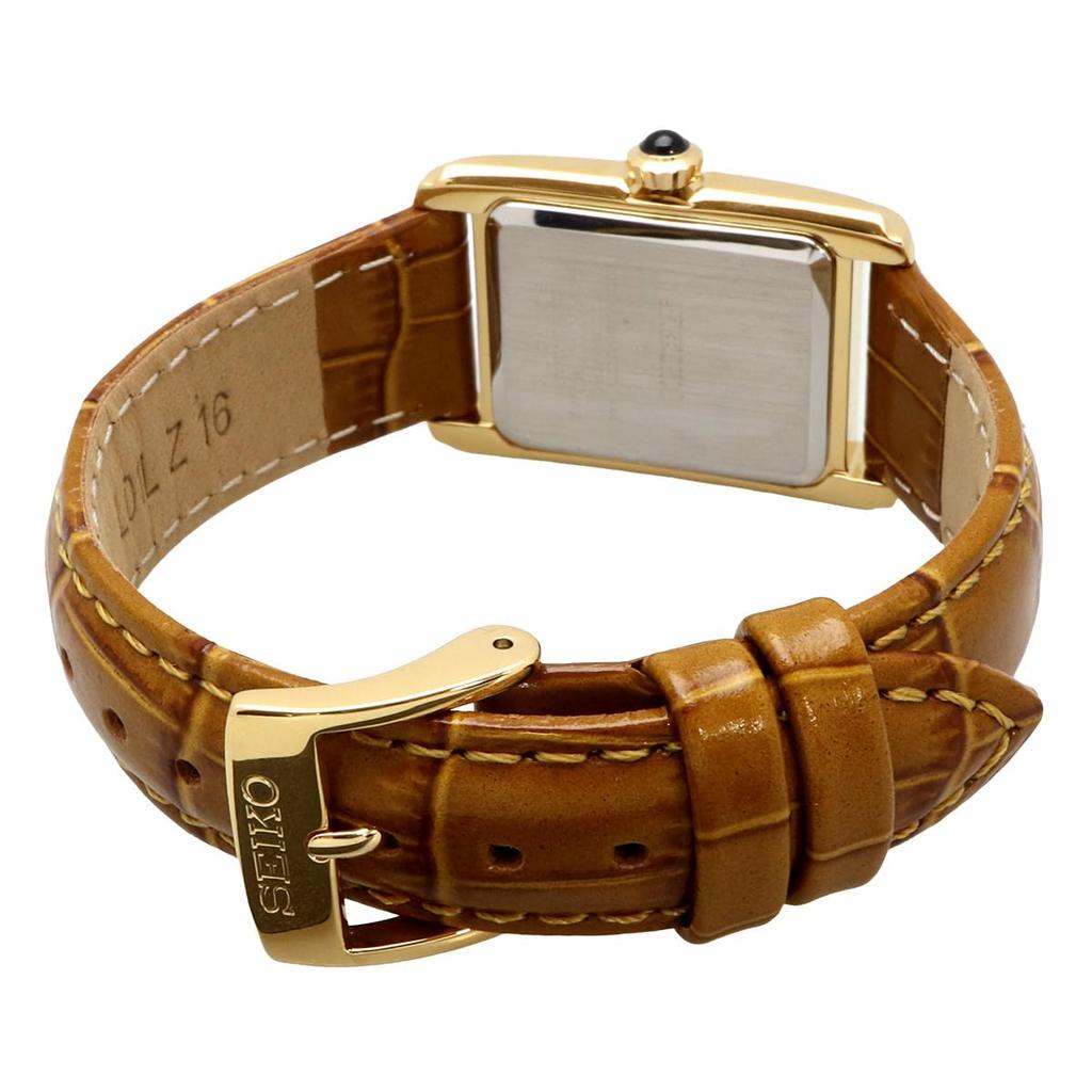 Seiko SWR100 Mother of Pearl Quartz Women's Watch Gold Sapphire Glass Brown Leather Band 5ATM Water Resistant Overseas Model