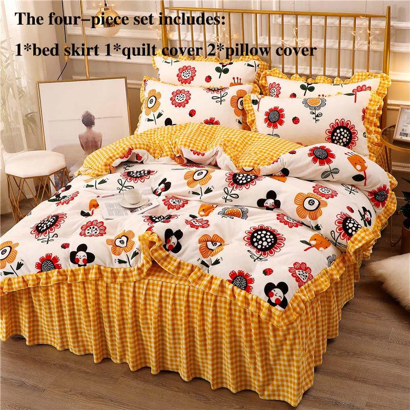 Silný mléčný samet Čtyřdílná sukně na postel Povlak na polštář Povlak na polštář Plus sametový teplý oboustranný povlak na přikrývku Sada ložního prádla