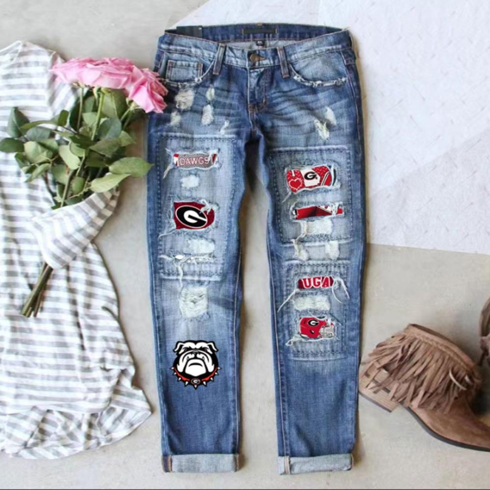 Women s Mid Rise Straight Leg Jeans Loose Fit Ripped Printed Winter Casual Denim Trousers S