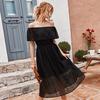 Summer Lace Off The Shoulder Women Dress Casual Slash Neck Solid High Waist Mid-calf Black Pink Yellow S M L  XL
