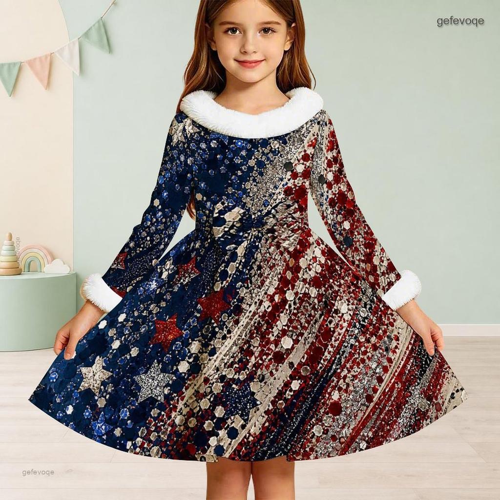 Girls High Neck Long Sleeve Tropical Leaf Printed A Line Flared Dress With Waist Bow And Furry Trim