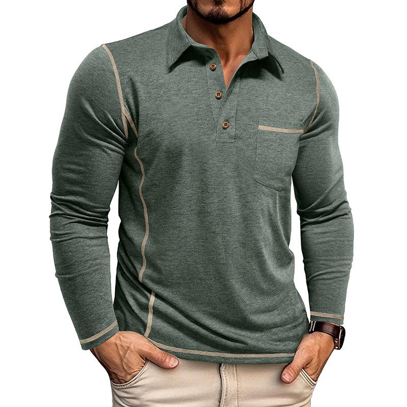 

Men s Long Sleeve Polo Shirt with Chest Pocket and Contrast Trim, Casual Button-Up Collar Shirt S