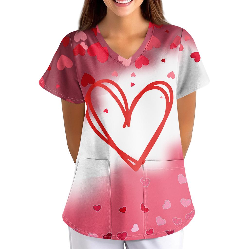 ÜbergrößeBedruckte Kasack Arbeitsuniform Oberteile für Damen V-Ausschnitt mit Überkreuzung Print Kurzarm Lustige T-Shirts Arbeitskleidung T-Shirt mit Taschen