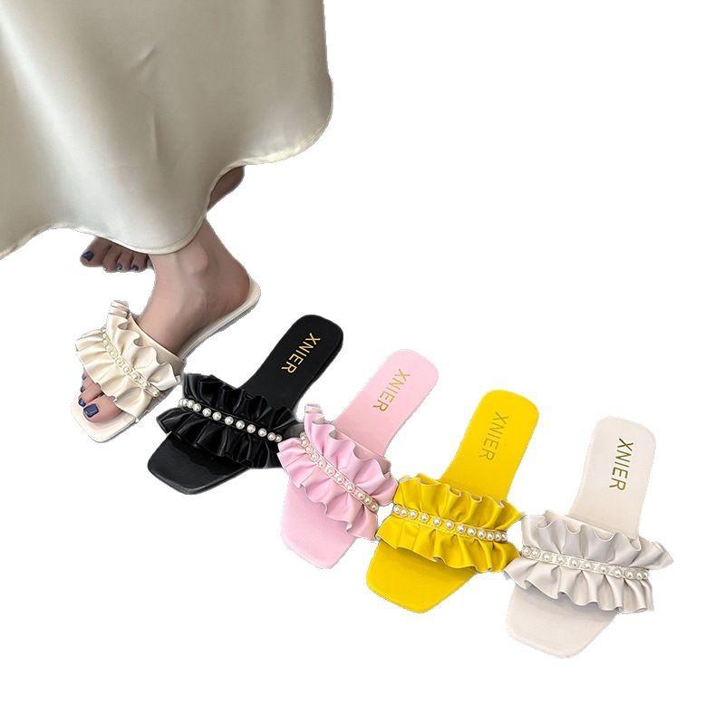 Sandals summer new square head wear one word beach shoes pearl lotus leaf edge low heel slippers women