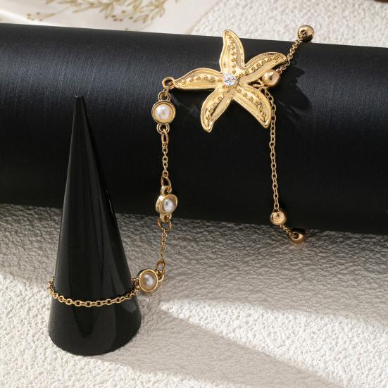Starfish Charm Hand Chain Bracelet for Women, Adjustable Faux Pearl Finger Ring Bracelet, Non Tarnish Golden-Plated Chain Bracelet Jewelry