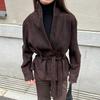 Veste longue pour femme style vintage aspect daim à manches longues avec taille ceinturée coupe ample col polo 2025