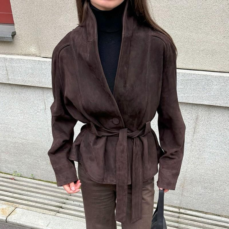 Veste longue pour femme style vintage aspect daim à manches longues avec taille ceinturée coupe ample col polo 2025