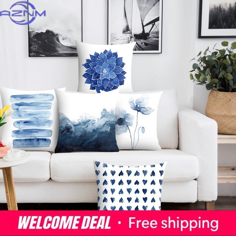 Square Cushion Cover Home Decor Sofa Pillowcase Beauty Blue Geometric Flower Pattern Fashion Short