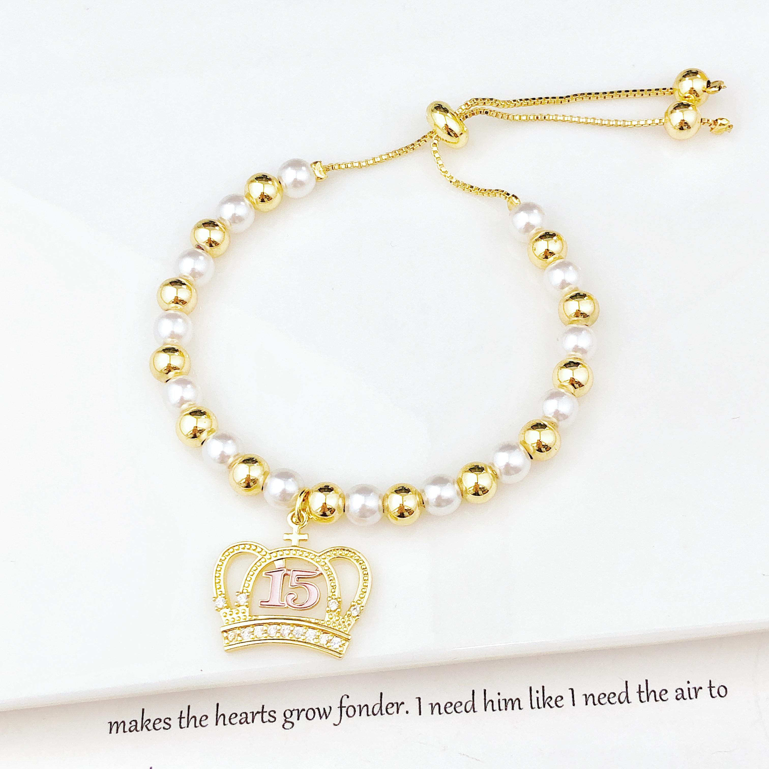 

INS Trendy Gold-Plated Zircon Crown Copper Bead Pearl Chain Bracelet Fashion Girl s 15th Birthday Crown Zircon Teen Party Gift