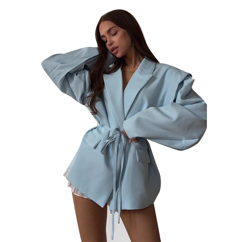 2025 Spring/Summer Versatile Solid Color Coat: Waist-cinching Tie-belt, Shoulder Pad, Elegant Design