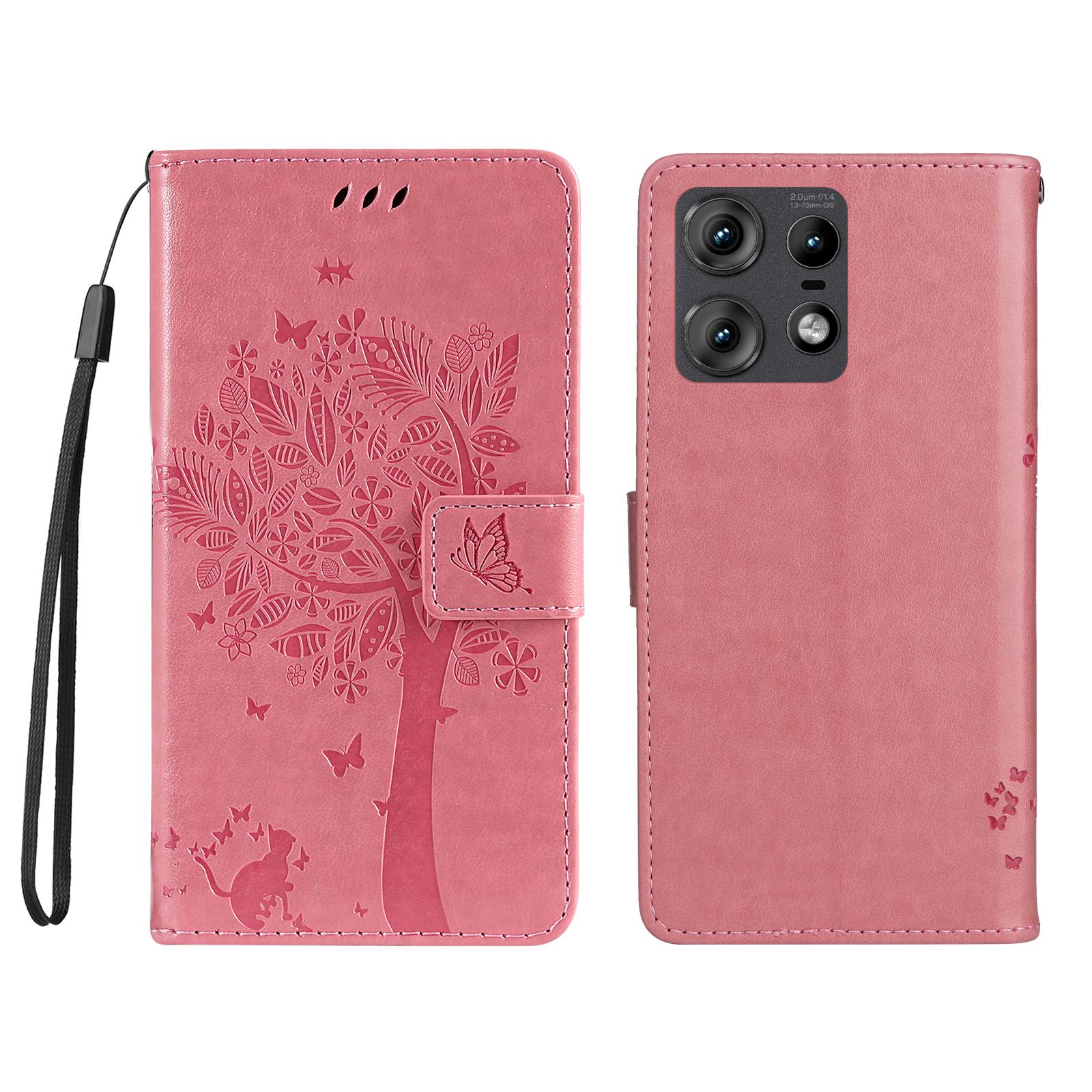 

For Motorola Edge 50 Pro 5G Phone Case with Stand Cat Tree Pattern Leather Wallet Mobile Cover Pink