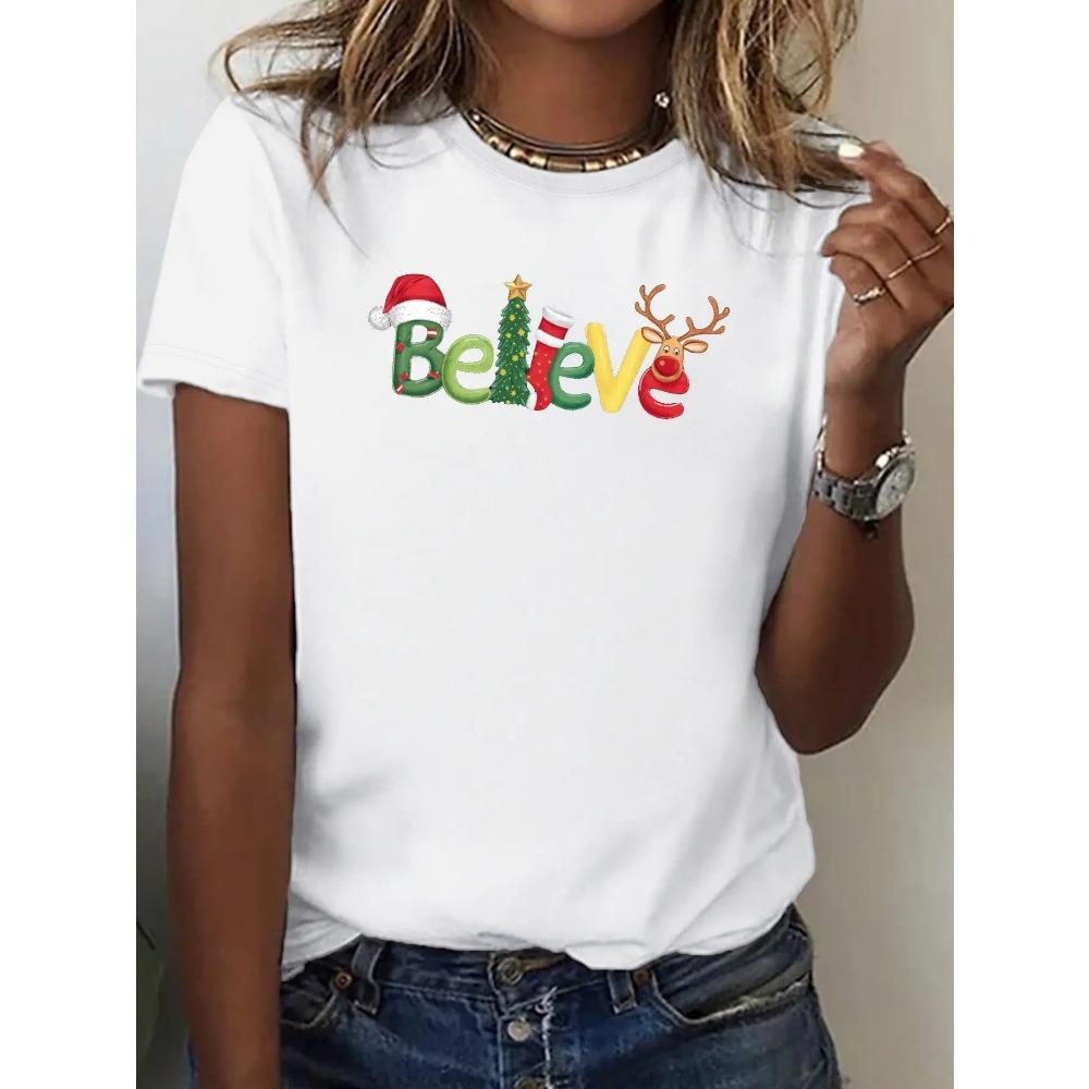 

Women s Christmas Believe Pattern T-shirt - Holiday Christmas Hat Candy Vine Design Comfortable Short Sleeve Aesthetic Clothing 6XL