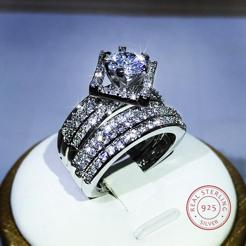 Fashion New Style 925 Silver Geometric Six-Claw White Zircon Three Rows Double Rings Women's Party Cocktail Party Traveling Jewe