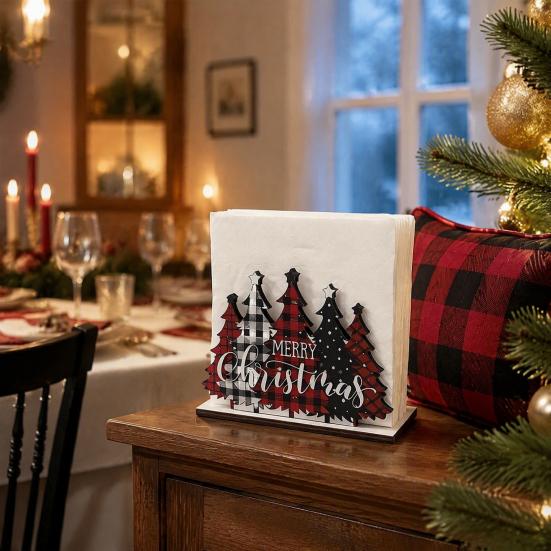 Holiday Napkin Dispenser Christmas Holder, Wooden Tissue Dispenser, Cute Santa Claus Xmas Vertical Paper Towel Storage Tree Freestanding Cocktail
