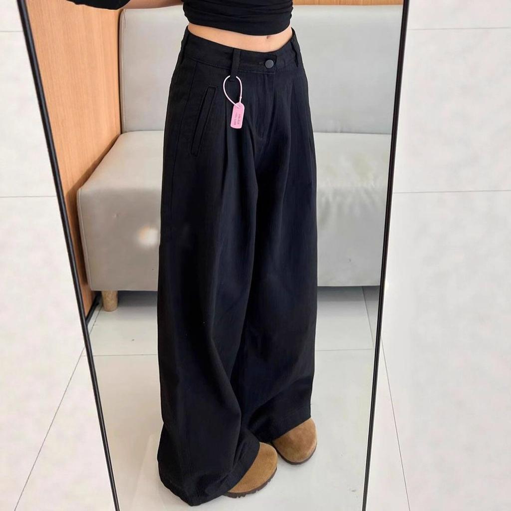 Black Big Yards Loose Jeans Women's Meat Covering Folded Texture Design Sense of Dragging The Ground Wide-legged Straight Trousers Long Denim Pants