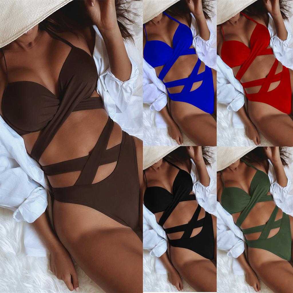 Women’s Sexy Halter Backless Tankini Bathing Suit Two-Piece High-Waist Strappy Bikini Swimsuit Solid Color Swimwear Set