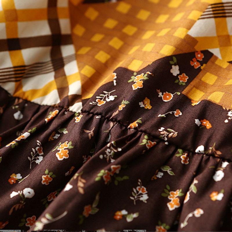 Foreign Trade Export Retro Art Graceful Age-Reducing Floral Plaid Patchwork Lace-up Frill Pure Cotton Shirts Women