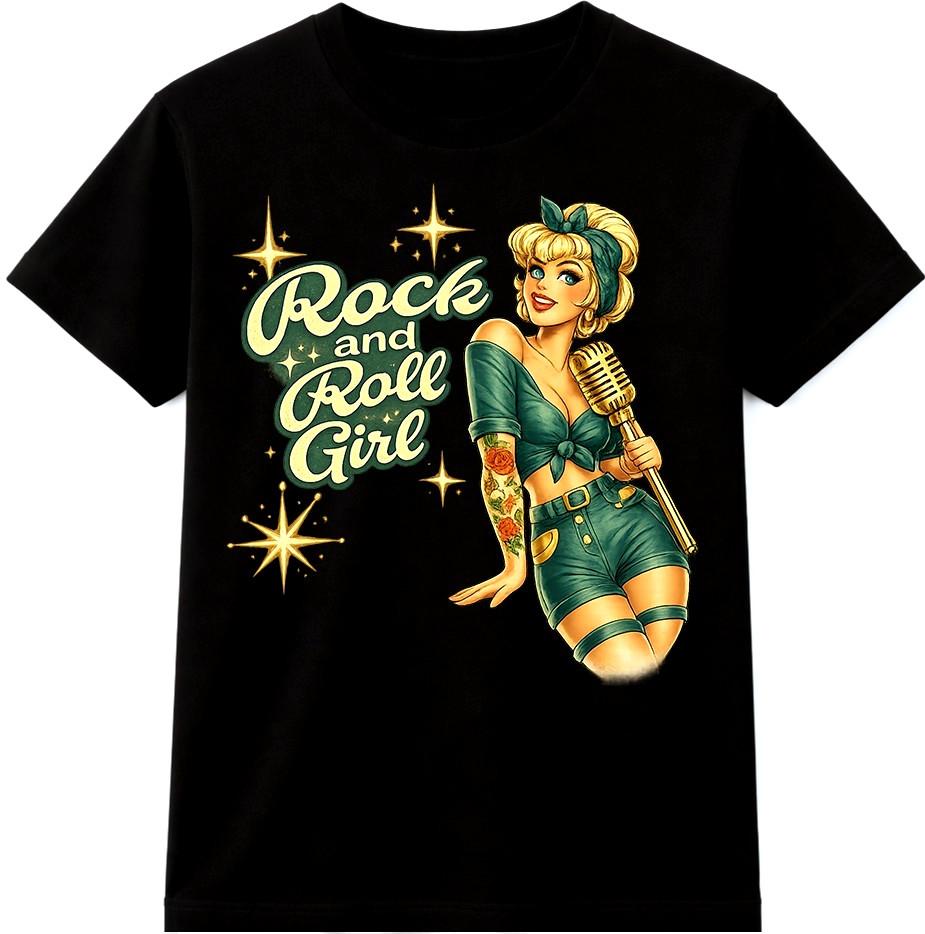 Rock Roll Girl T Shirt Vintage Pin Up Singer Rockabilly Graphic Tee Top S разноцветный