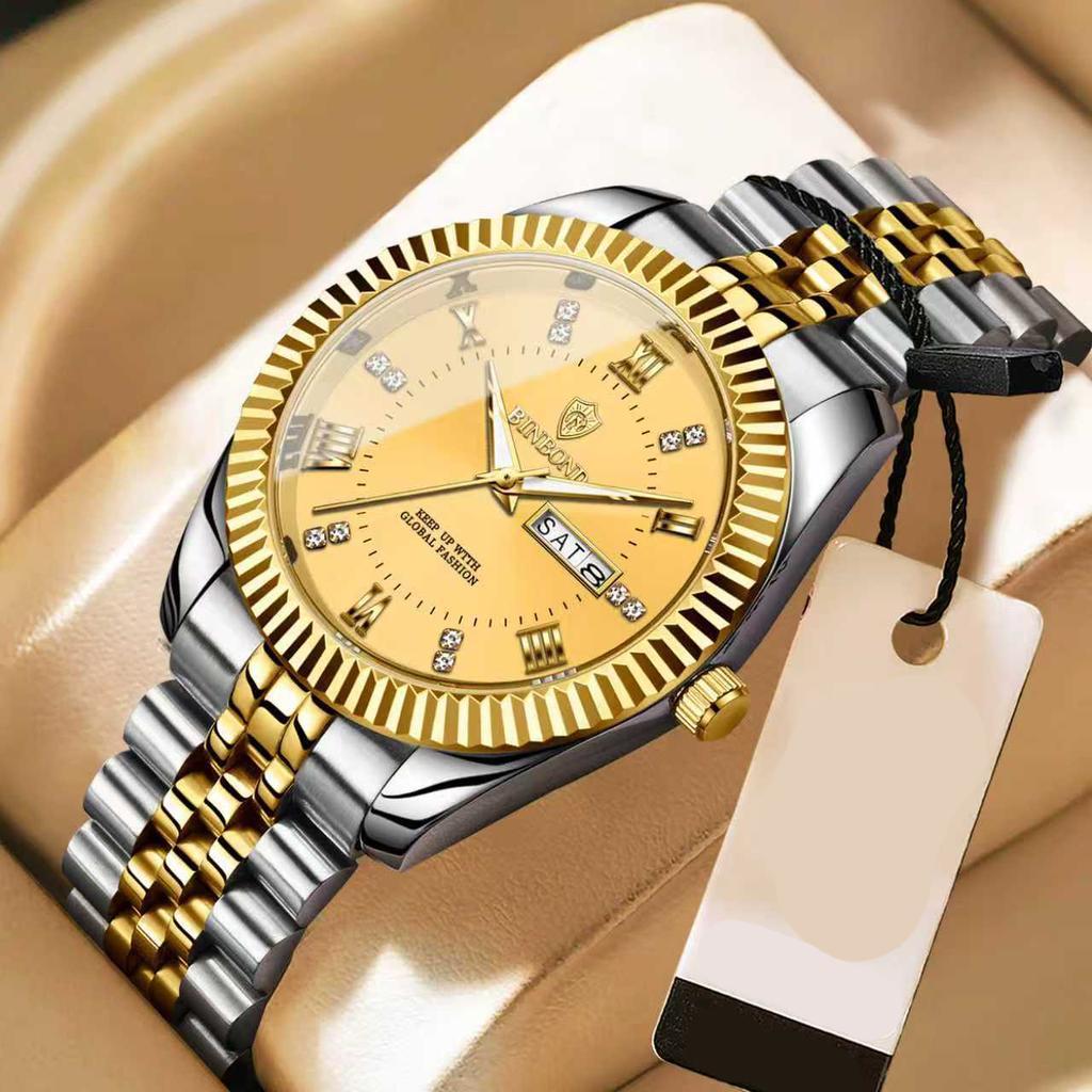 Binbond B0756 0756 Men Quartz Movement Watch Stainless Steel Band Auto Date Waterproof Luminous Business Casual Male Wristwatch