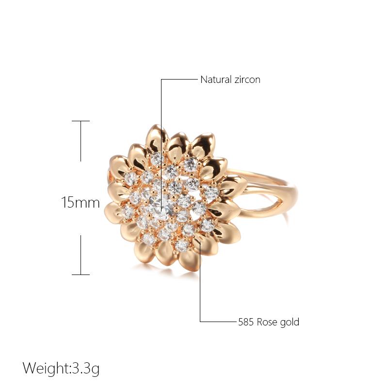 New  Rose Gold Flower Big Ring Fashion Creative Wedding Jewelry Natural Zircon Women Ring Unusual Vintage Jewelry