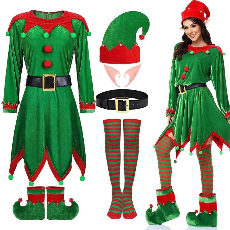 Adult Christmas Elf Costume Belt Dress Elf Ears Stripe Thigh High Stockings Elf Hat Boot for Christmas Cosplay Accessory