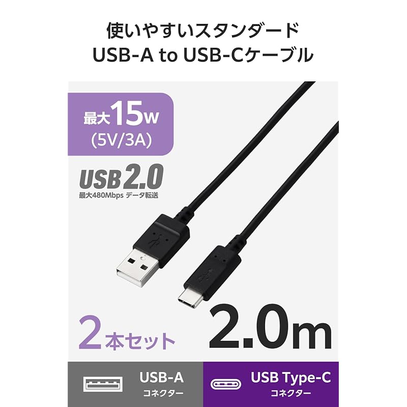 ELECOM [2er Set] USB Typ C Kabel USB-C auf USB-A 2m 15W [ MacBook/iPad/Galaxy/Android Smartphone Tablet etc. Korrespondenz ] schwarz [iPhone 16 Serie