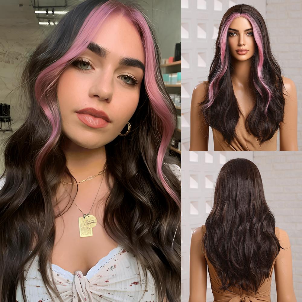ALAN EATON Lange gewellte braune synthetische Perücken, Highlight-Pink-Perücken für Frauen, Cosplay-Perücken, hitzebeständige Perücken