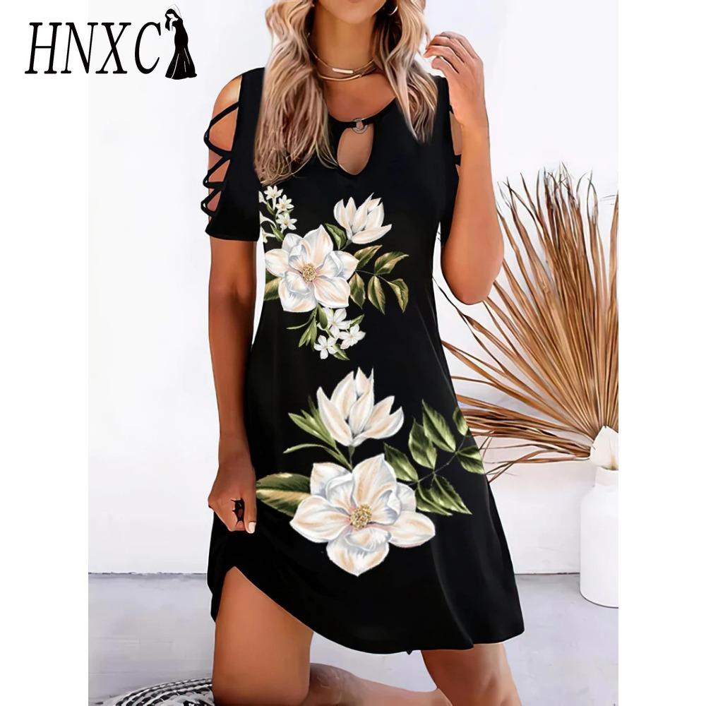 HNXC 13 Color Women Floral Print Dress Summer Sexy Short Sleeve O-Neck Mini Dresses Female Vintage Elegant Dress