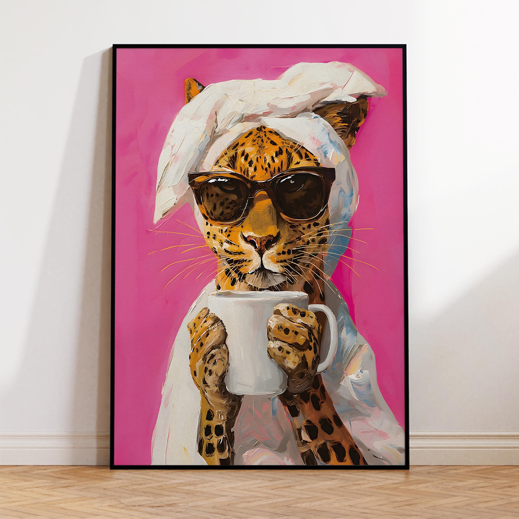 Modern Leopard Drinking Morning Coffee Colorful Dopamine Prints Canvas Painting Poster Picture For Living Room Home Decor 21X30CMNo Framed