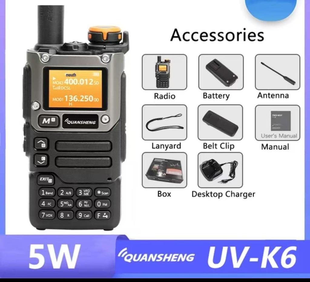 Quansheng UV-K6 Walkie-Talkie UV-K5, Aviation Multi-Band, One-Key Frequency Pairing, Bilingual English/Chinese.