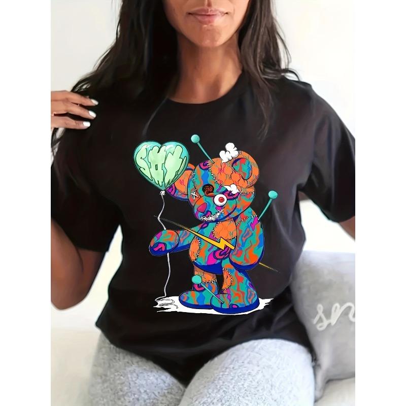 Kolorowy T-shirt z nadrukiem misia, europejski rozmiar, casualowy T-shirt z okrągłym dekoltem i krótkim rękawem na wiosnę i lato, odzież damska