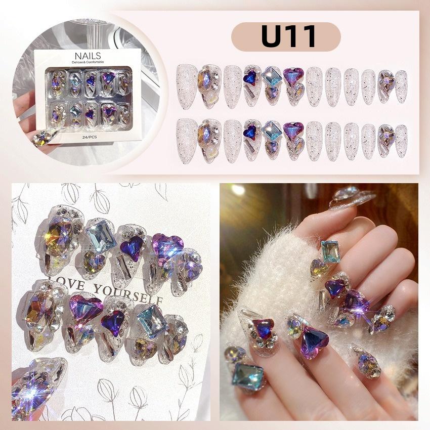 White Blue Color 3D Rabbit Star Rhinestone Designs-Full Cover Acrylic False Nails for Women and Girls Detachable Long Fake Nails