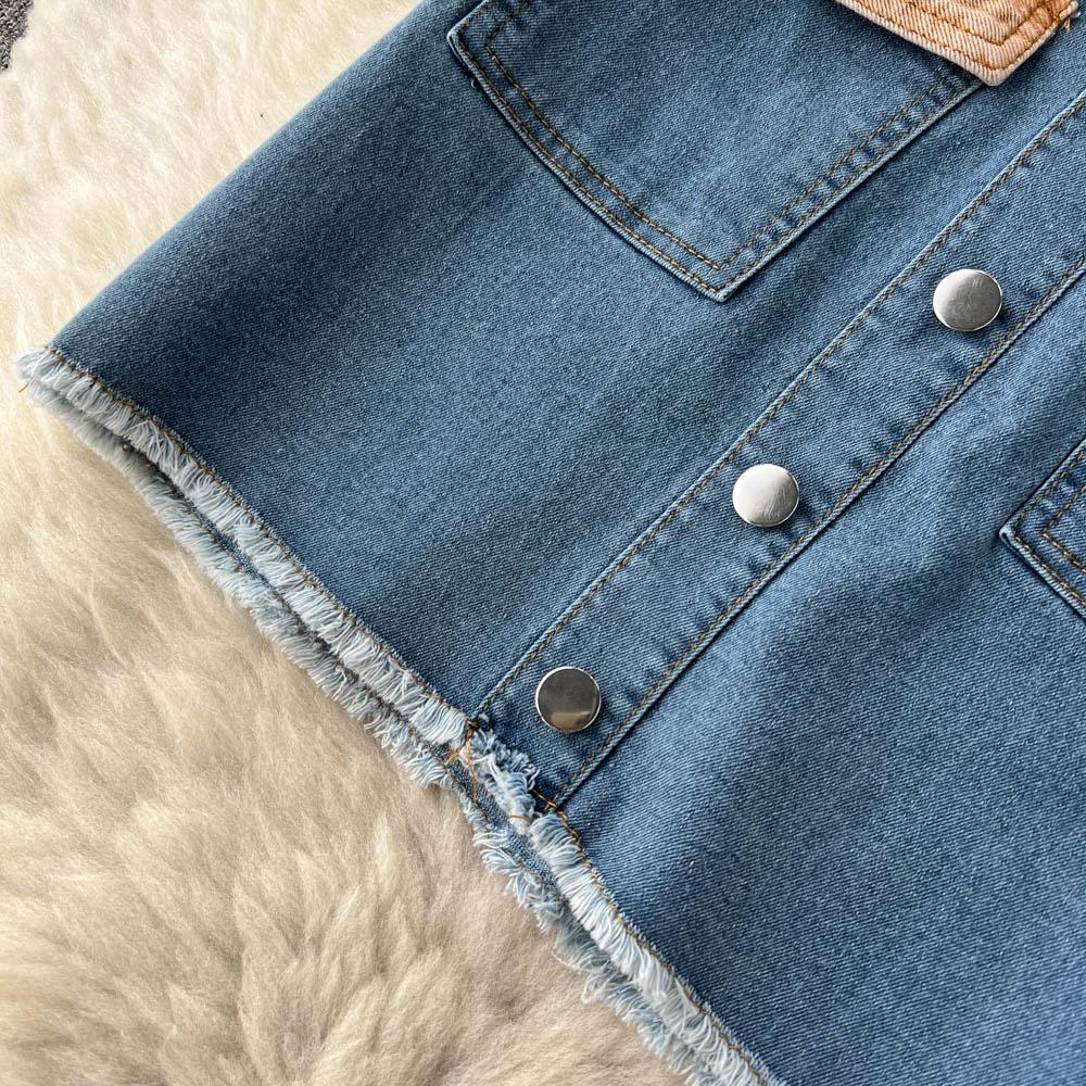 Contrast Color Two-Piece Suit Women's Autumn Denim Short Coat High Waist Bag Hip Skirt