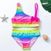 New Girls' Angled Shoulder Rainbow Stripe Bikini Swimsuit Korean Style Girls Split Bikini Swimsuit Swimsuit Set