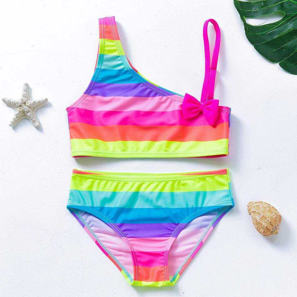 New Girls  Angled Shoulder Rainbow Stripe Bikini Swimsuit Korean Style Girls Split Bikini Swimsuit Swimsuit Set 34Y красный