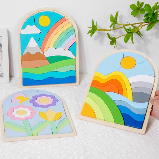 1 szt./3 szt. Zestaw puzzli z drewnianymi kształtami Motyw kwiatów, chmur, wschodu słońca Dopasowywanie kolorów Klocki poznawcze Rozwijanie umiejętności motorycznych Zabawka edukacyjna dla dzieci 3+ lat