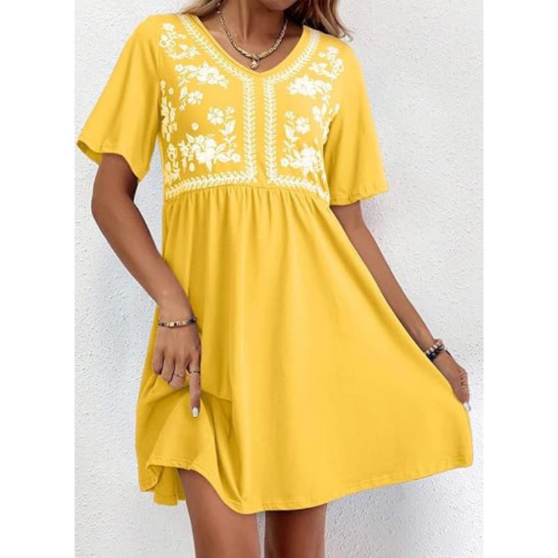 YYFS Women's Fashion Summer Spring Flower Pattern Print Short Sleeve V-Neck High Waist Casual Dresses