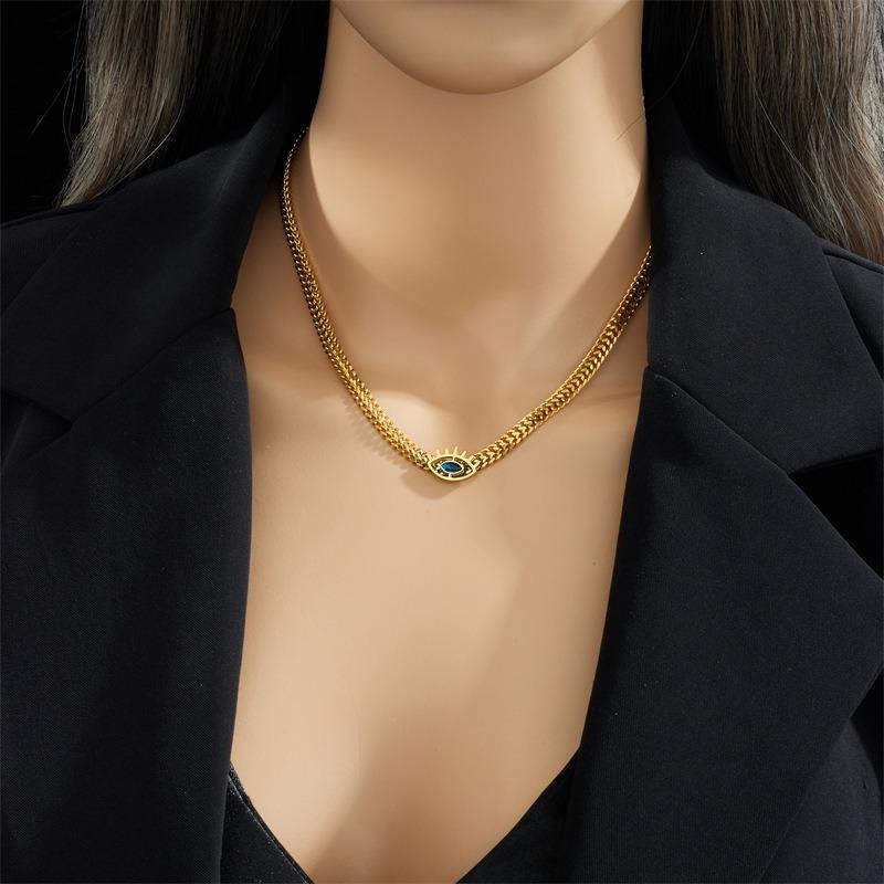 Gold Plated Evil Eye Pendant Necklace, Stainless Steel Cuban Chain Choker, Waterproof Blue Eye Jewelry for Women Gift